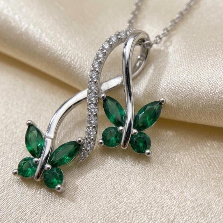 Dainty Emerald Butterfly Necklace in Sterling Silver – Infinity Pendant Necklace - - Gift for Her
