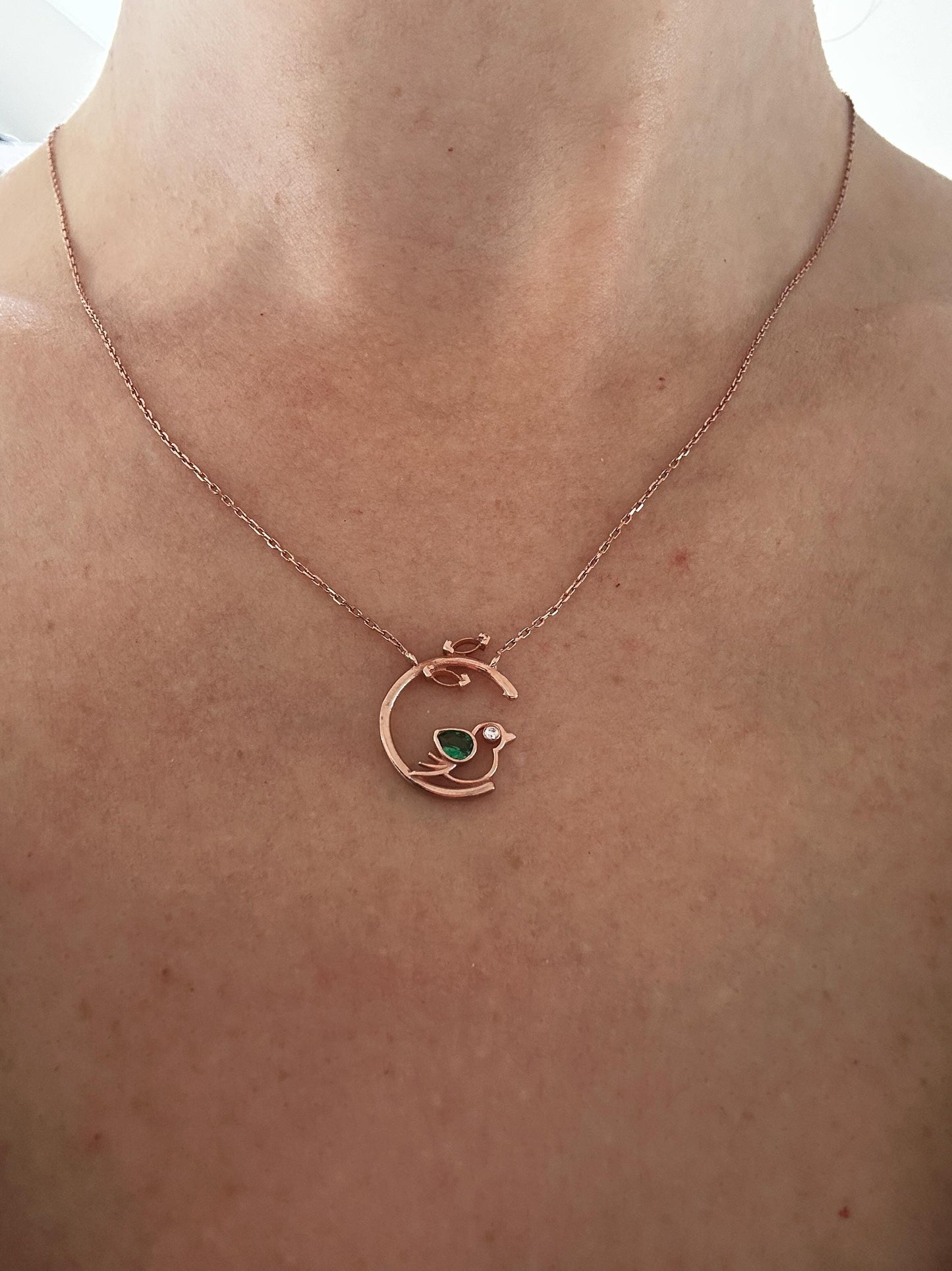 Rose Gold Vermeil Emerald Bird Necklace - May Birthstone Pendant