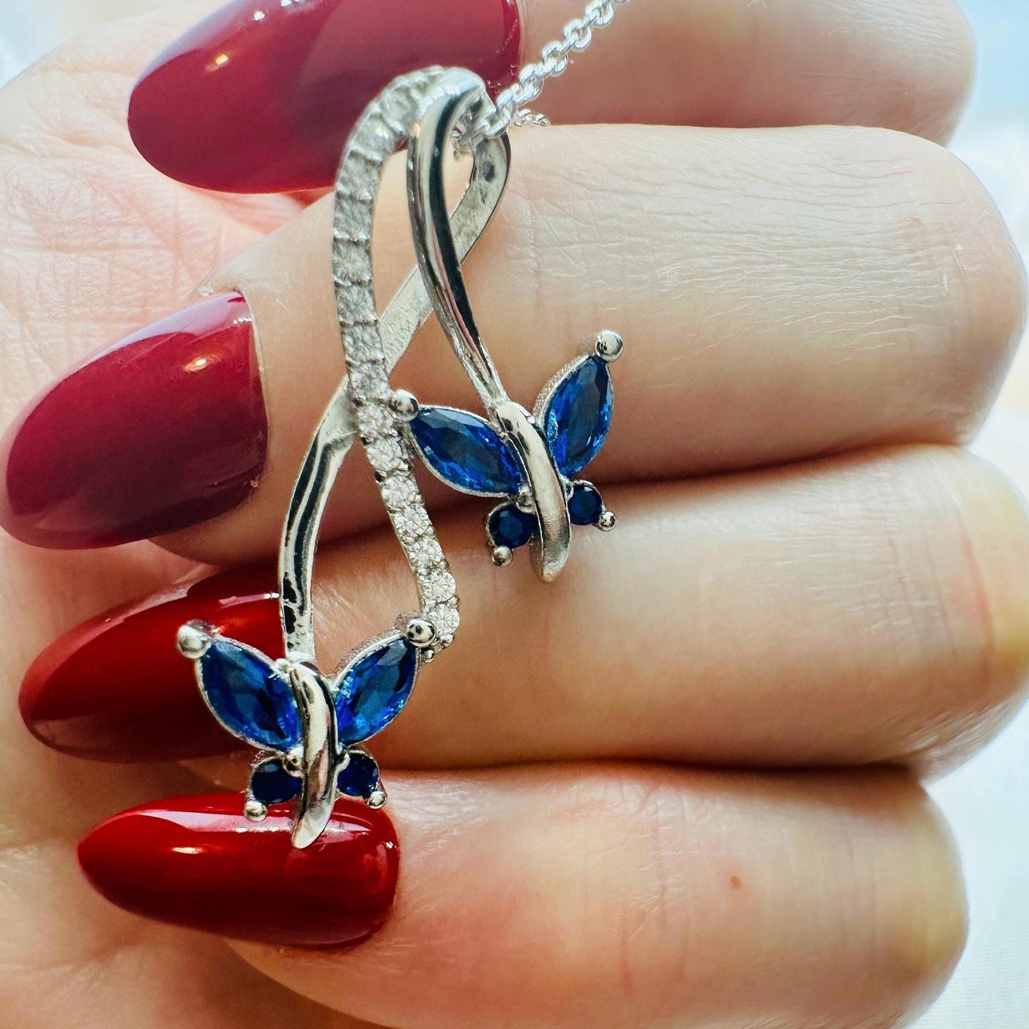 Sapphire Butterfly Necklace - September Birthstone Pendant-Infinity Love Sterling Silver Jewelry