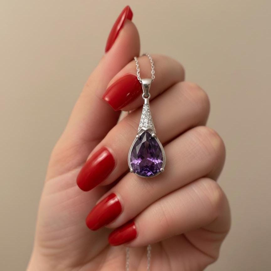 Chunky Amethyst Gemstone Necklace in Sterling Silver- February Birthstone Jewelry