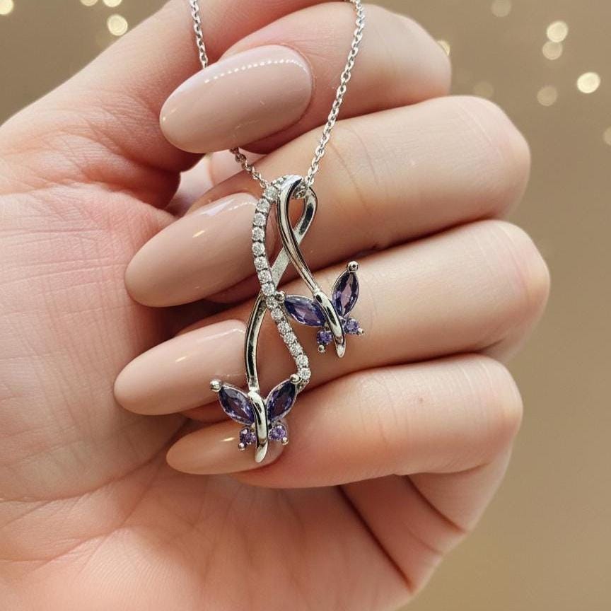 Infinity Amethyst Necklace with Butterfly Charm - February Birthstone Pendant -
