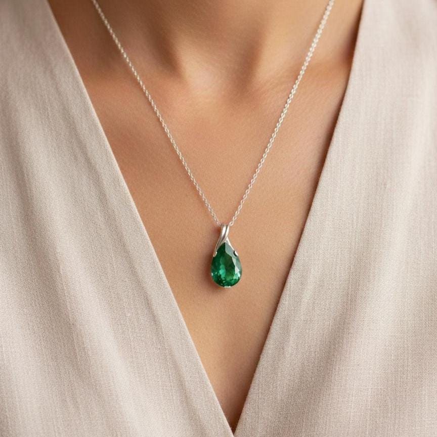Dainty Emerald Necklace - May Birthstone Pendant