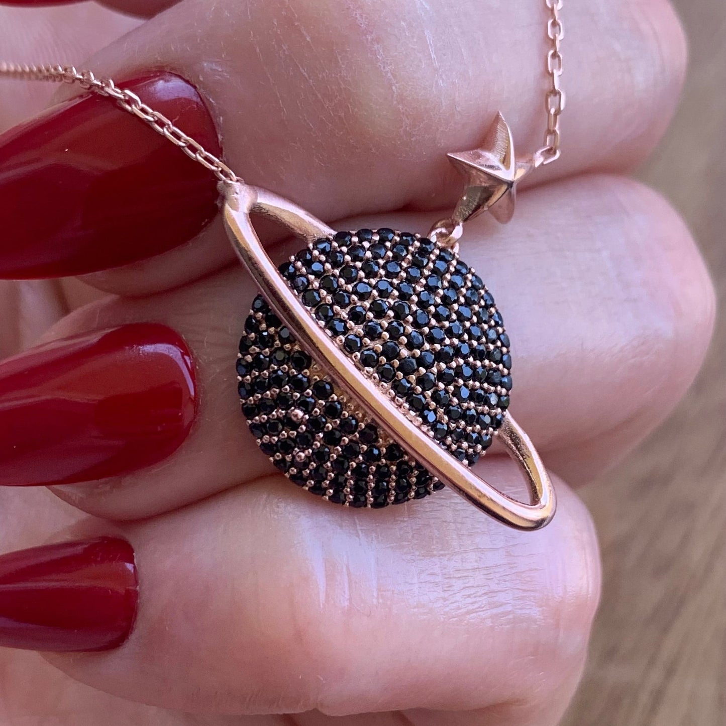Black Zircon Saturn Necklace: Rose Gold Sterling Silver Galaxy Pendant