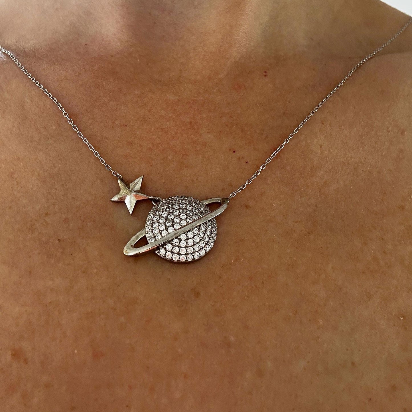 Celestial Charm-Sterling Silver Saturn Necklace with Sparkling Zircon Planet Pendant -Exclusive Gift for Her