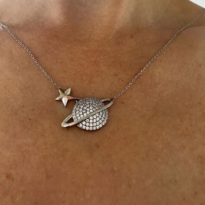 Celestial Charm-Sterling Silver Saturn Necklace with Sparkling Zircon Planet Pendant -Exclusive Gift for Her