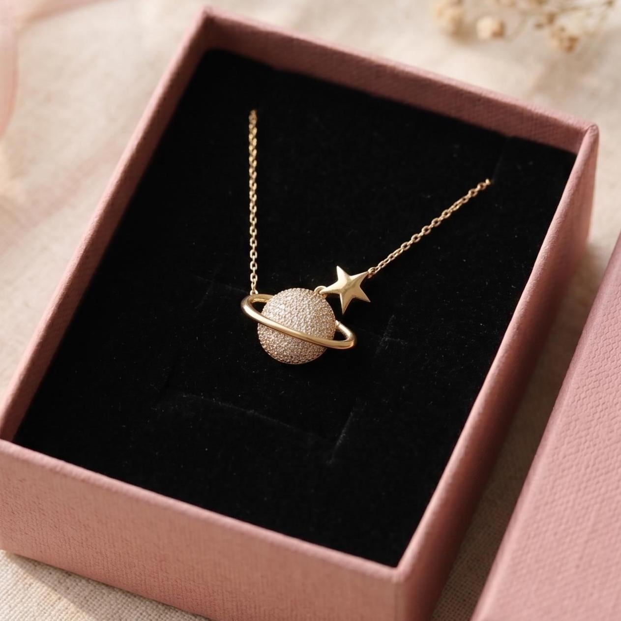 Gold Vermeil Saturn Pendant Necklace - Sterling Silver Zircon Planet Jewelry-Gift For Her