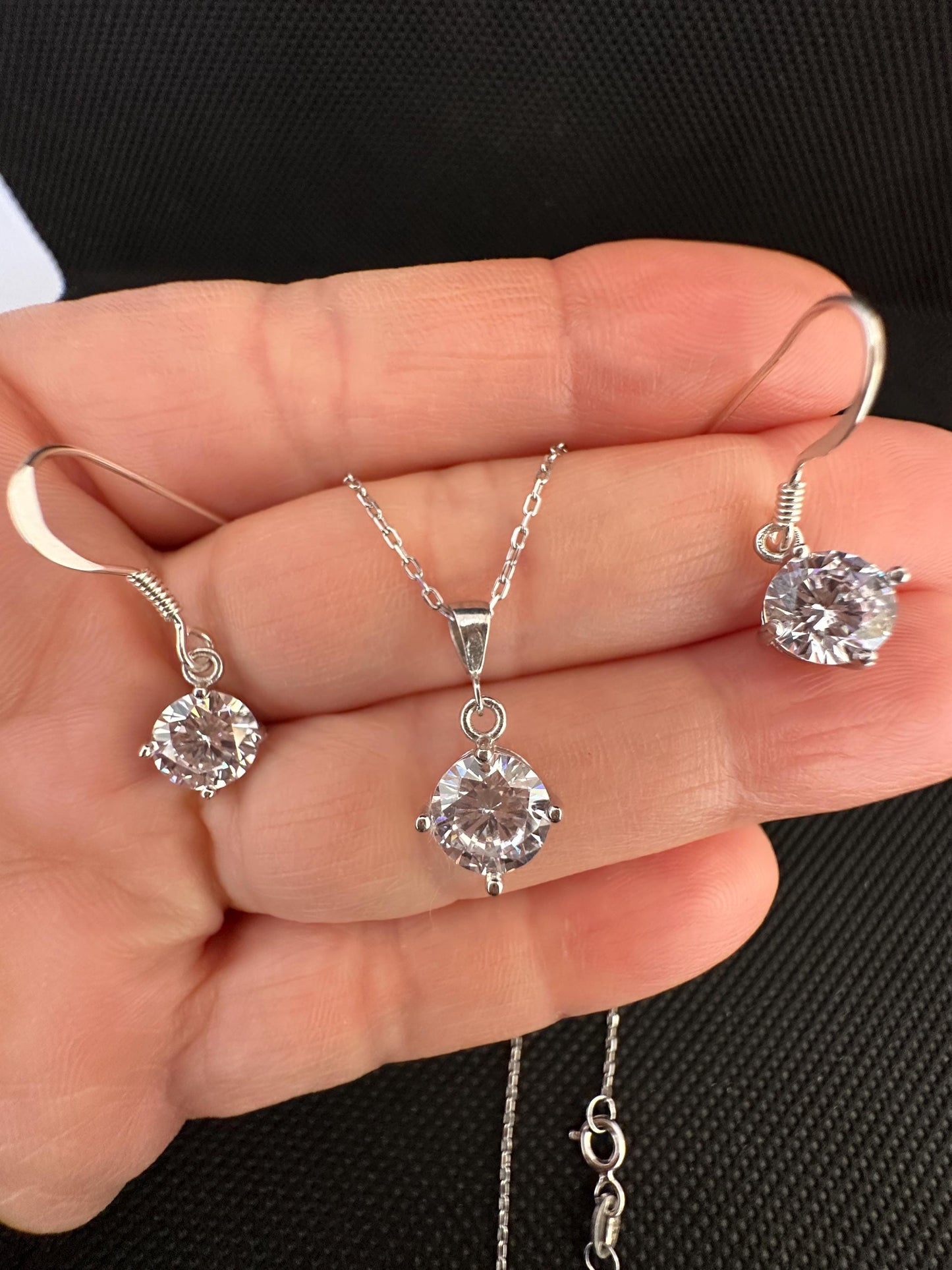 Sterling Silver Cubic Zirconia Solitaire Necklace & Earrings Set