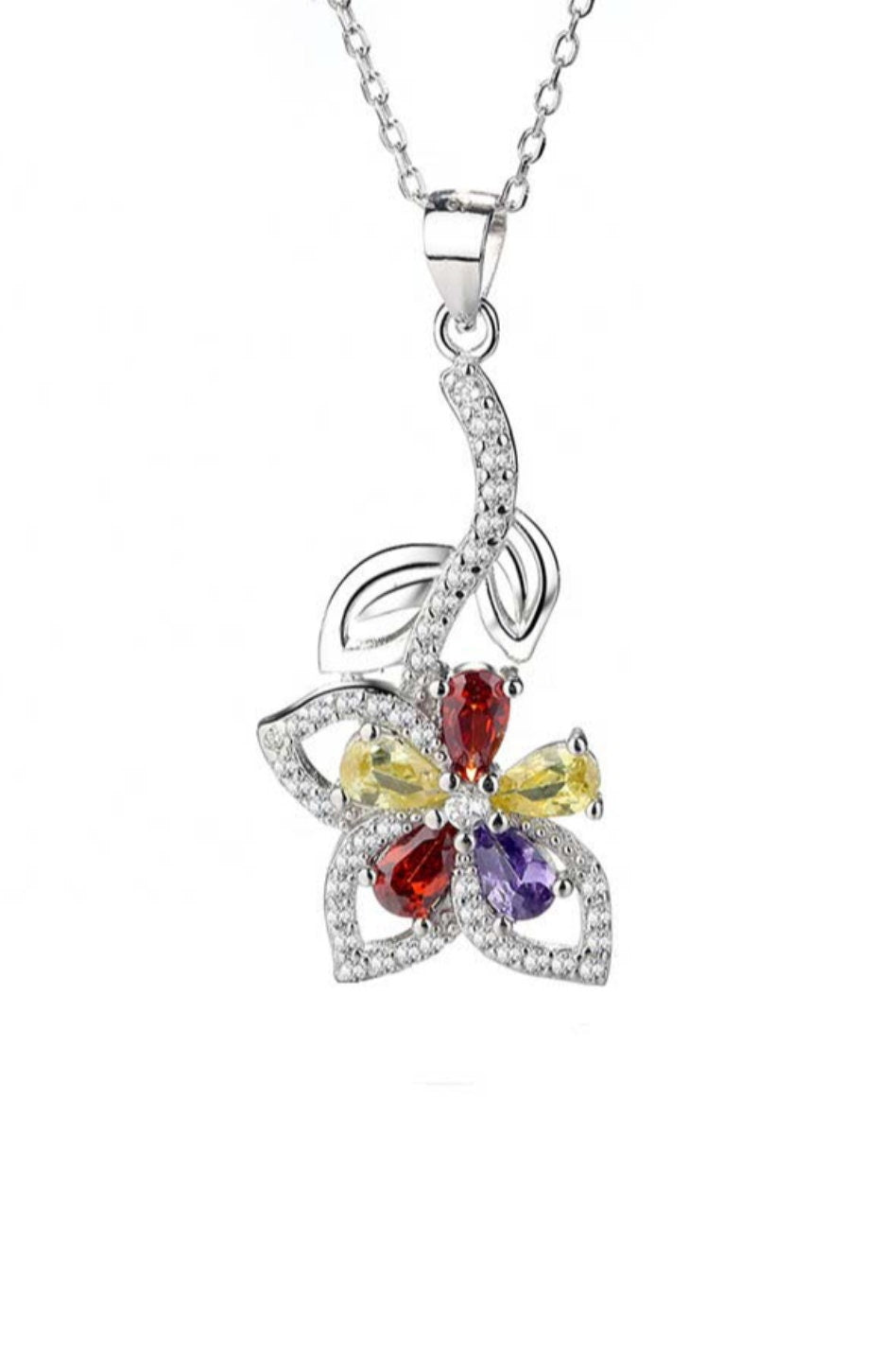 Sterling Silver Flower Necklace with Citrine, Garnet & Sapphire Birthstones -