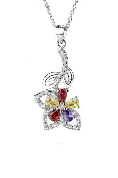 Sterling Silver Flower Necklace with Citrine, Garnet & Sapphire Birthstones -