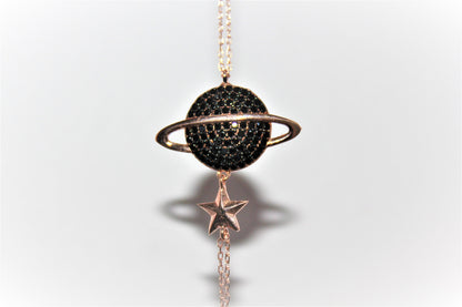 Sterling Silver Saturn Bracelet featuring Black Zircon Planet - Celestial Chic-Exclusive Gift for Her