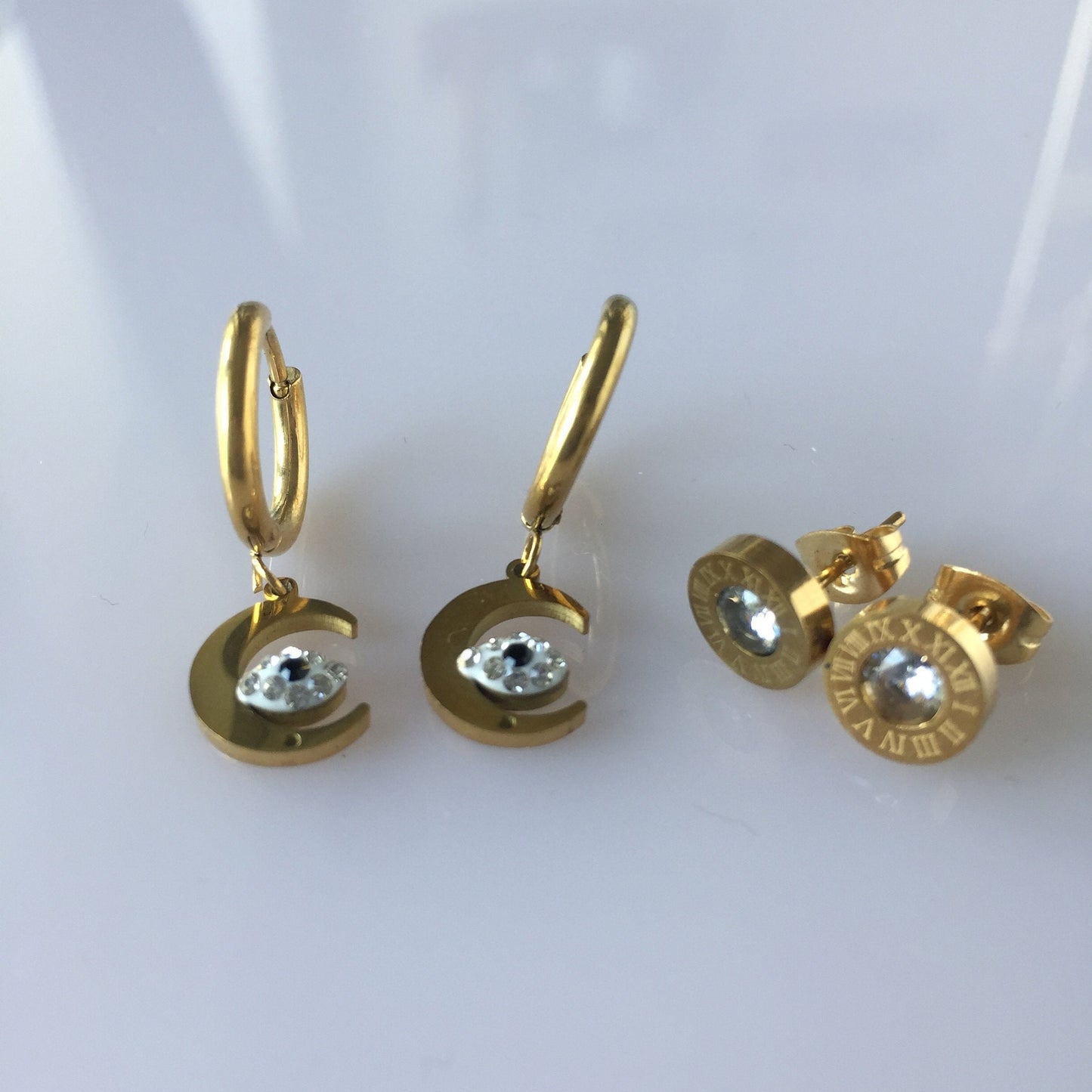 Gold Half Moon Evil Eye Dangle Earrings