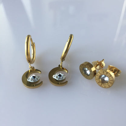 Gold Half Moon Evil Eye Dangle Earrings