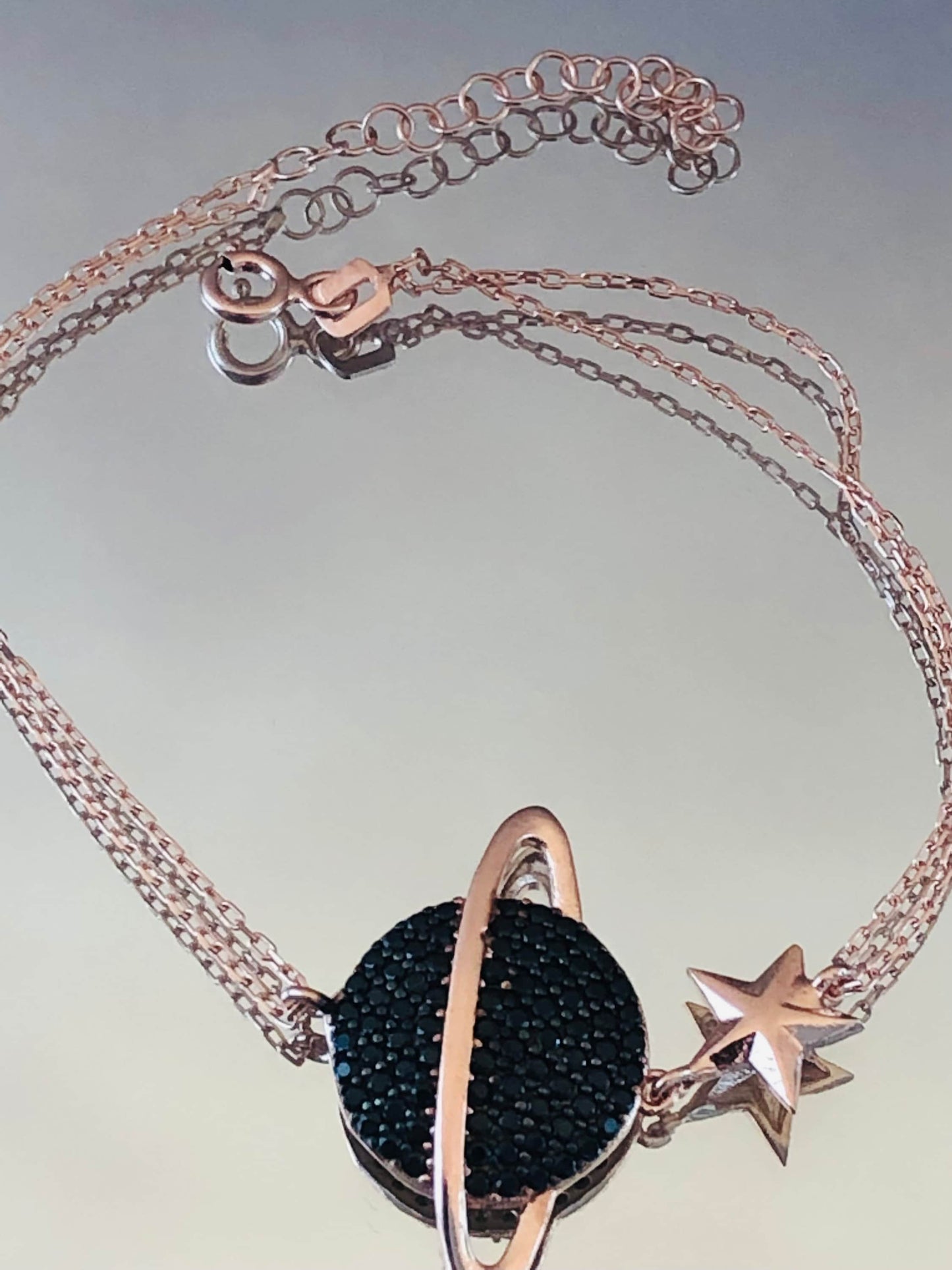 Sterling Silver Saturn Bracelet featuring Black Zircon Planet - Celestial Chic-Exclusive Gift for Her