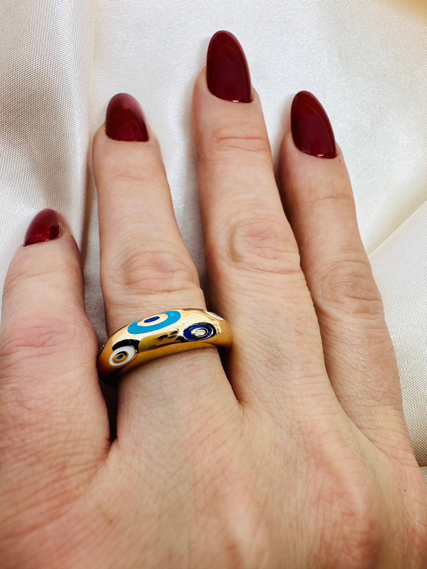 Gold Evil Eye Dome Ring - Adjustable Brass Ring