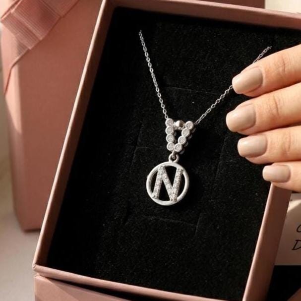 Custom Sterling Silver N Initial Necklace with Zircon Gem - Personalized Letter Jewelry