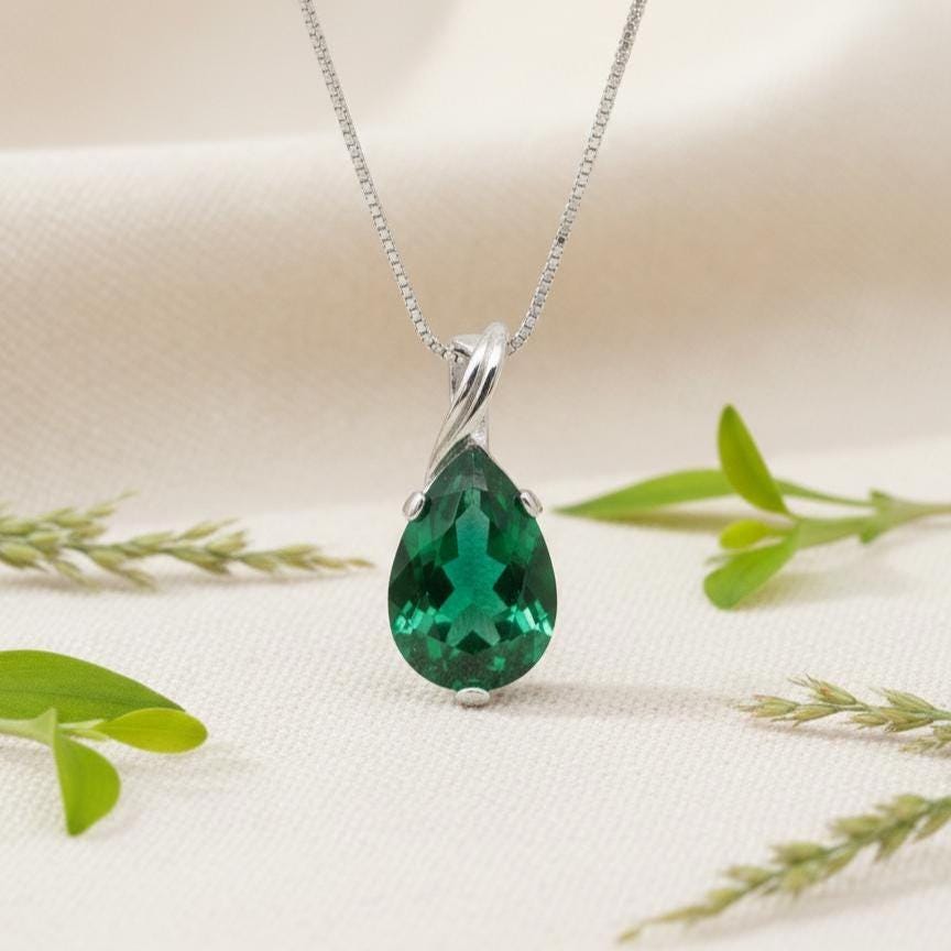 Gold Vermeil Emerald Teardrop Necklace - May Birthstone Pendant