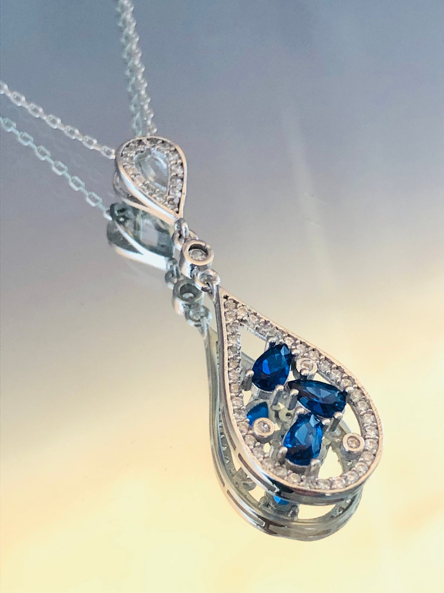 Sterling Silver Sapphire Pendant - September Birthstone Teardrop Necklace -