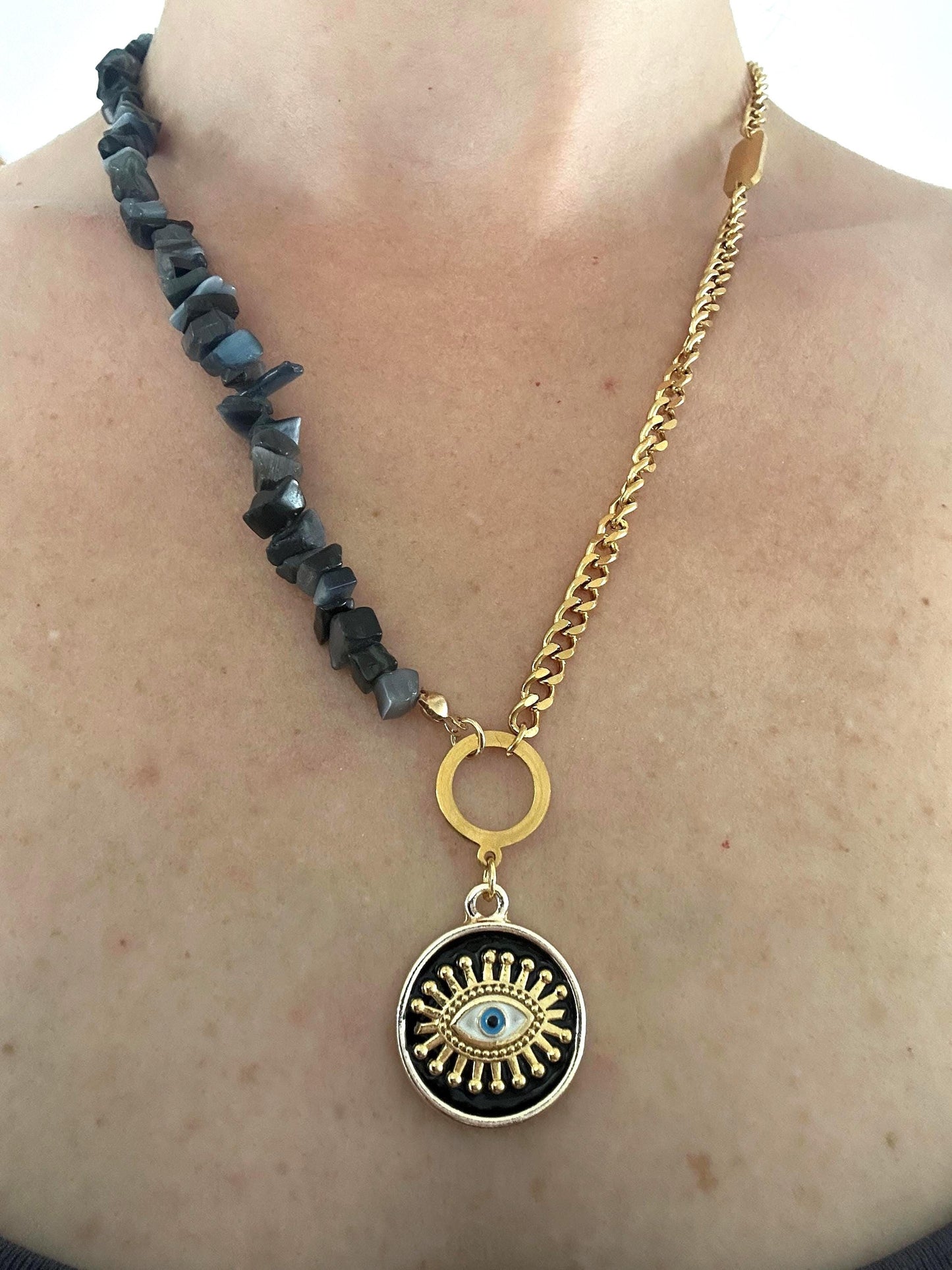Evil Eye Pearl Necklace: Gold Brass Pendant