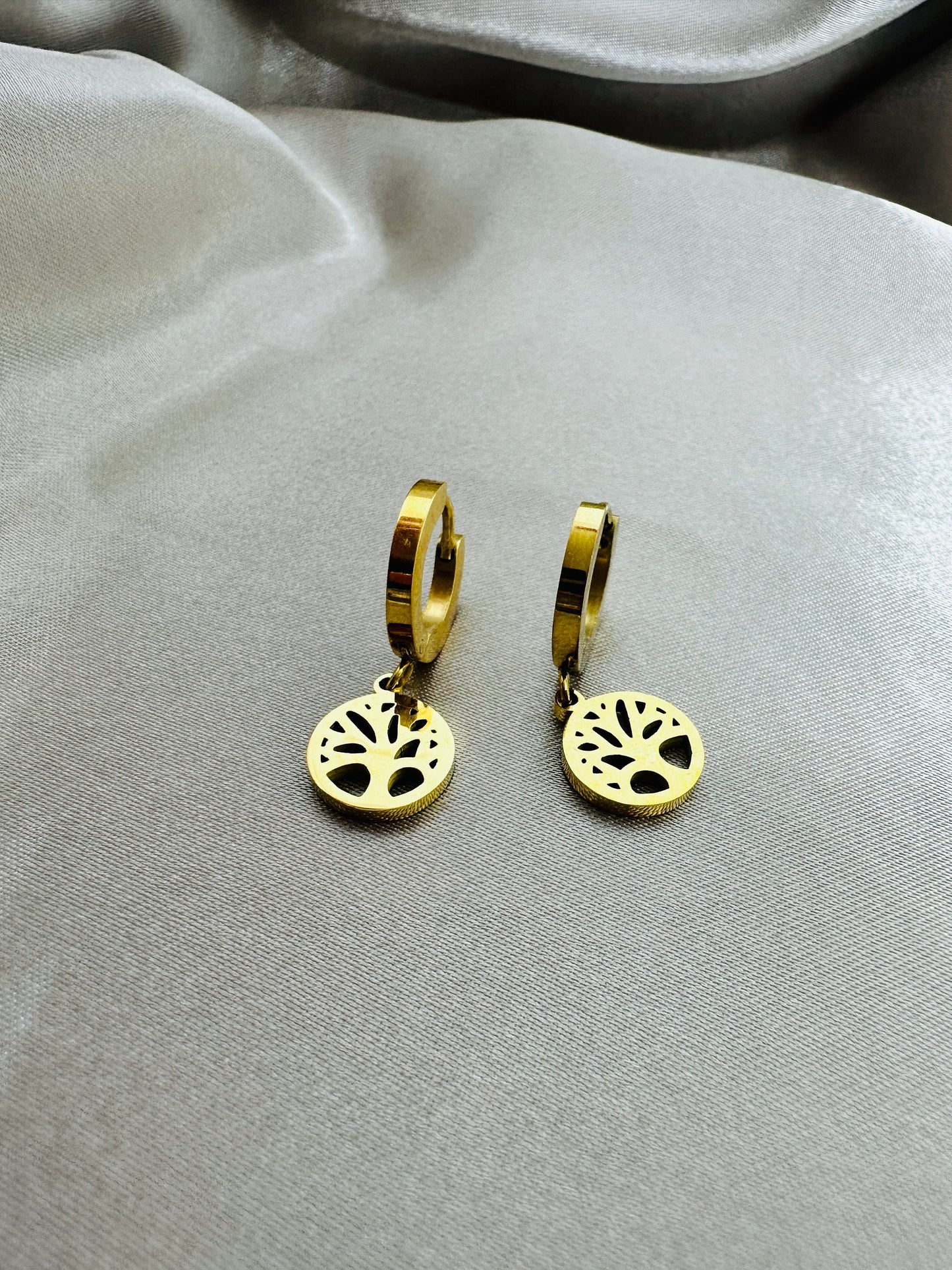 Gold Life Tree Dangle Earrings: Hypoallergenic Steel
