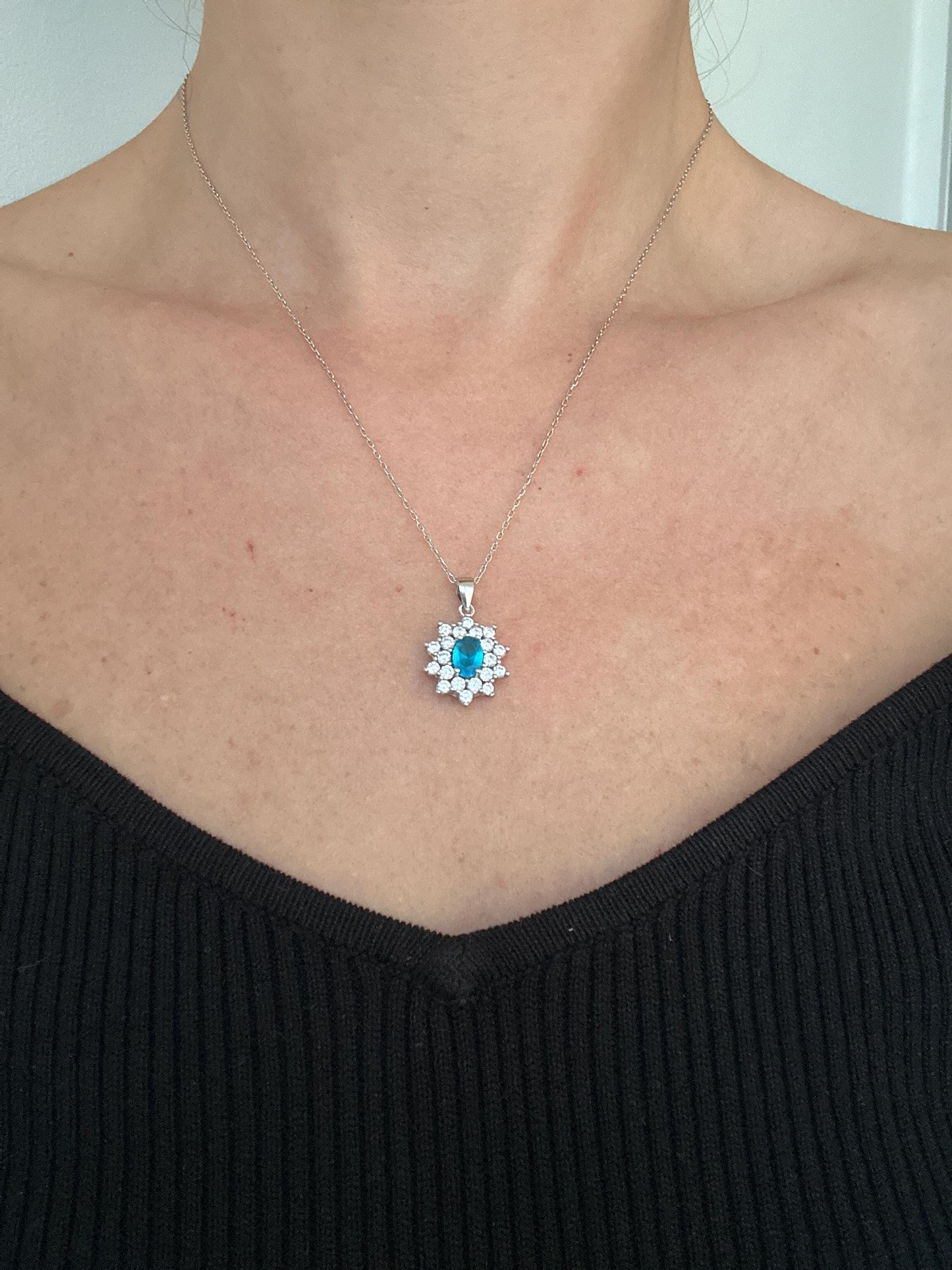 Dainty Blue Topaz Necklace in Sterling Silver– December Birthstone Floral Pendant - Gift For Her