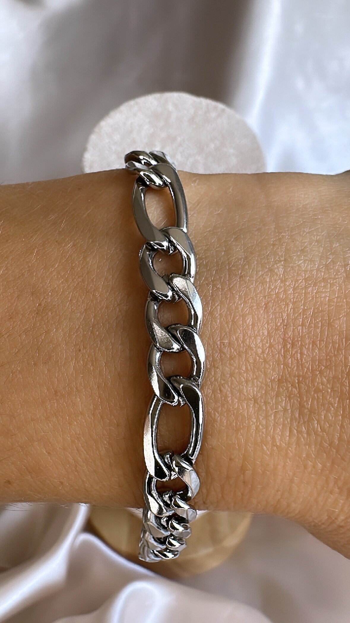 Figaro Silver Chain Bracelet: Stainless Steel, Anti-Tarnish