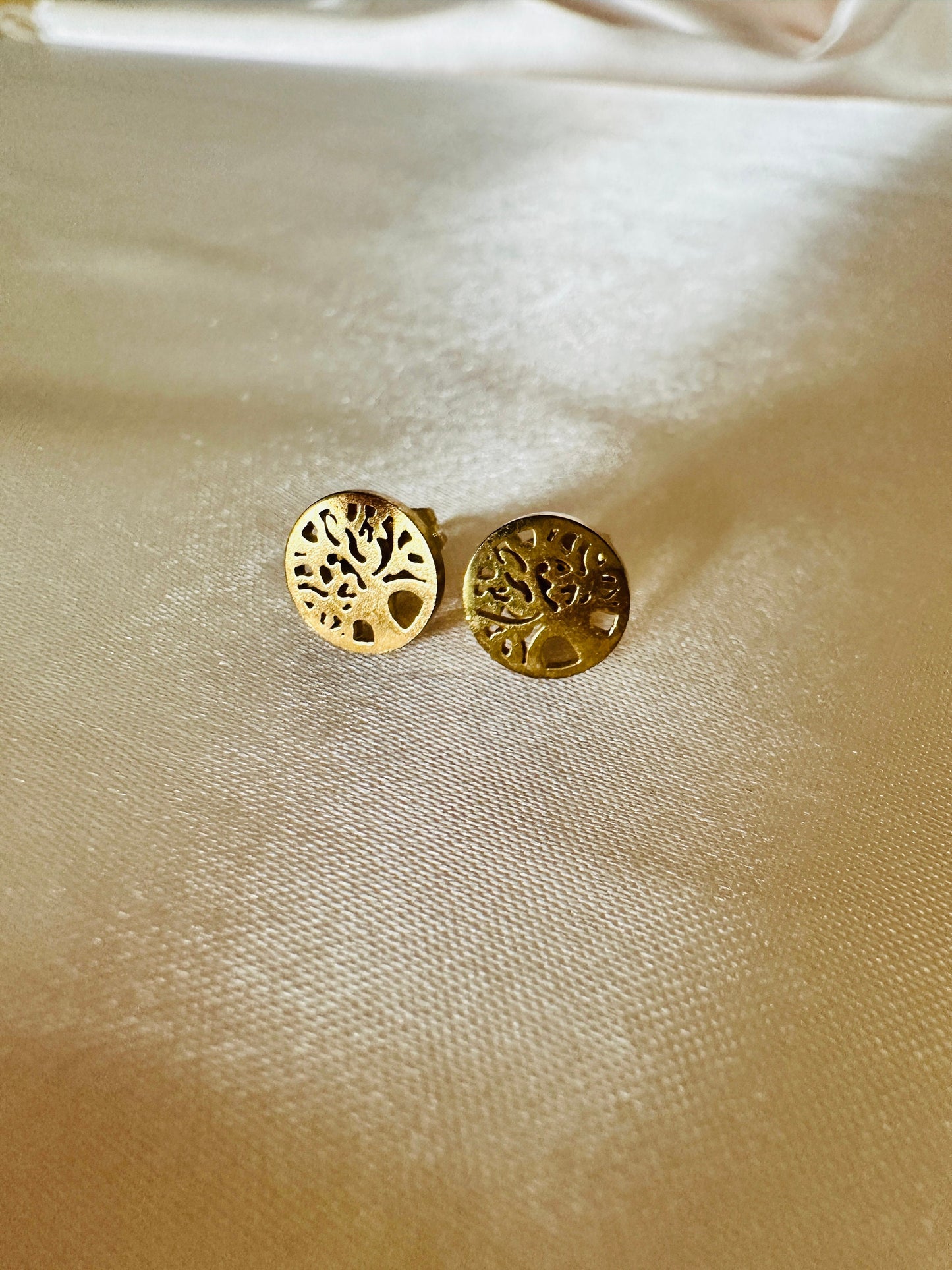 Gold Life Tree Dangle Earrings: Hypoallergenic Steel