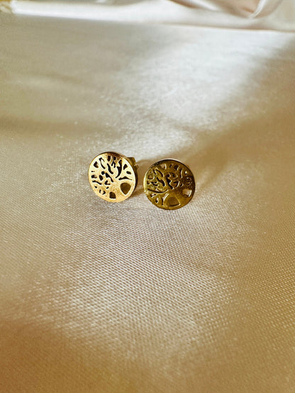 Gold Life Tree Dangle Earrings: Hypoallergenic Steel