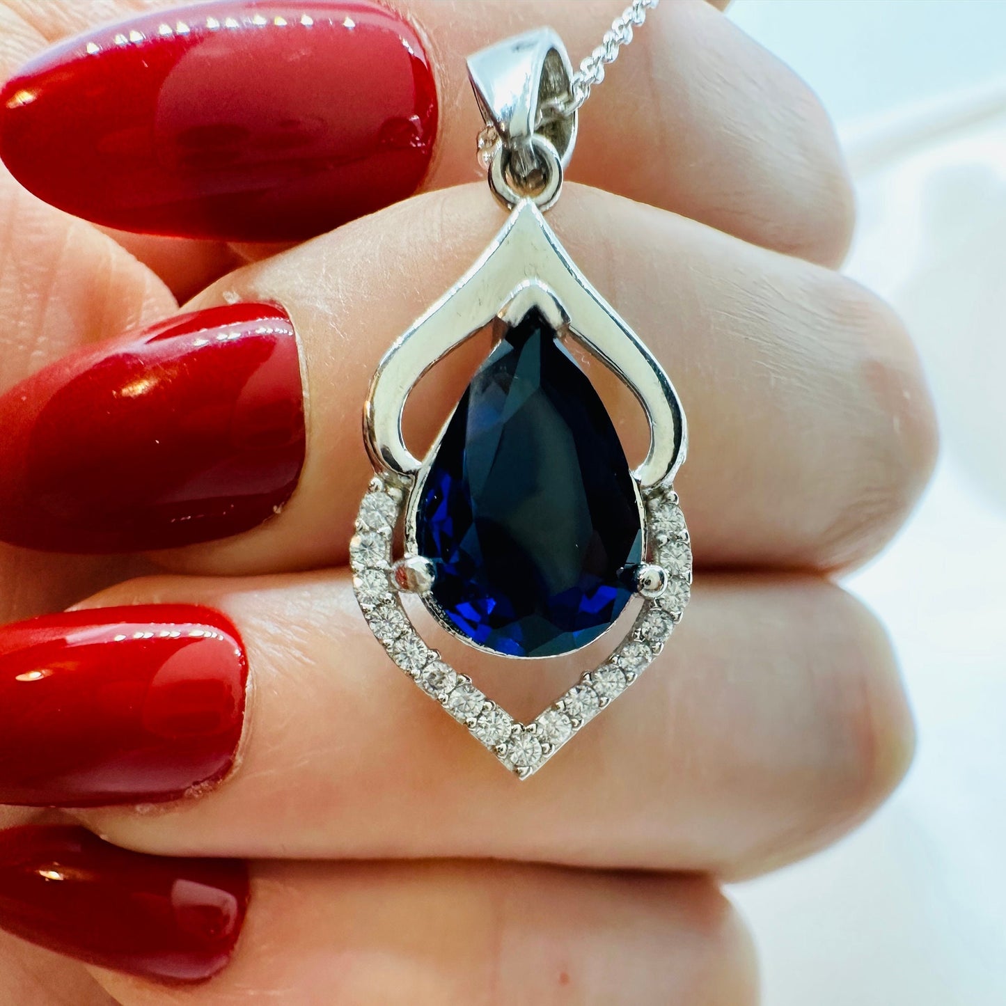 September Birthstone Necklace - Sapphire Teardrop Pendant in Sterling Silver