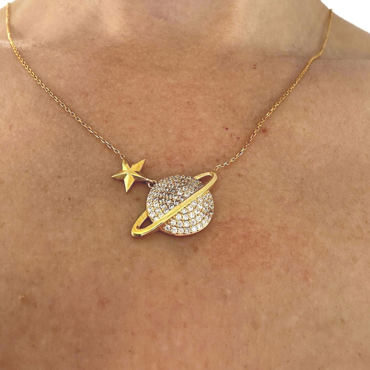 Gold Vermeil Saturn Pendant Necklace - Sterling Silver Zircon Planet Jewelry-Gift For Her
