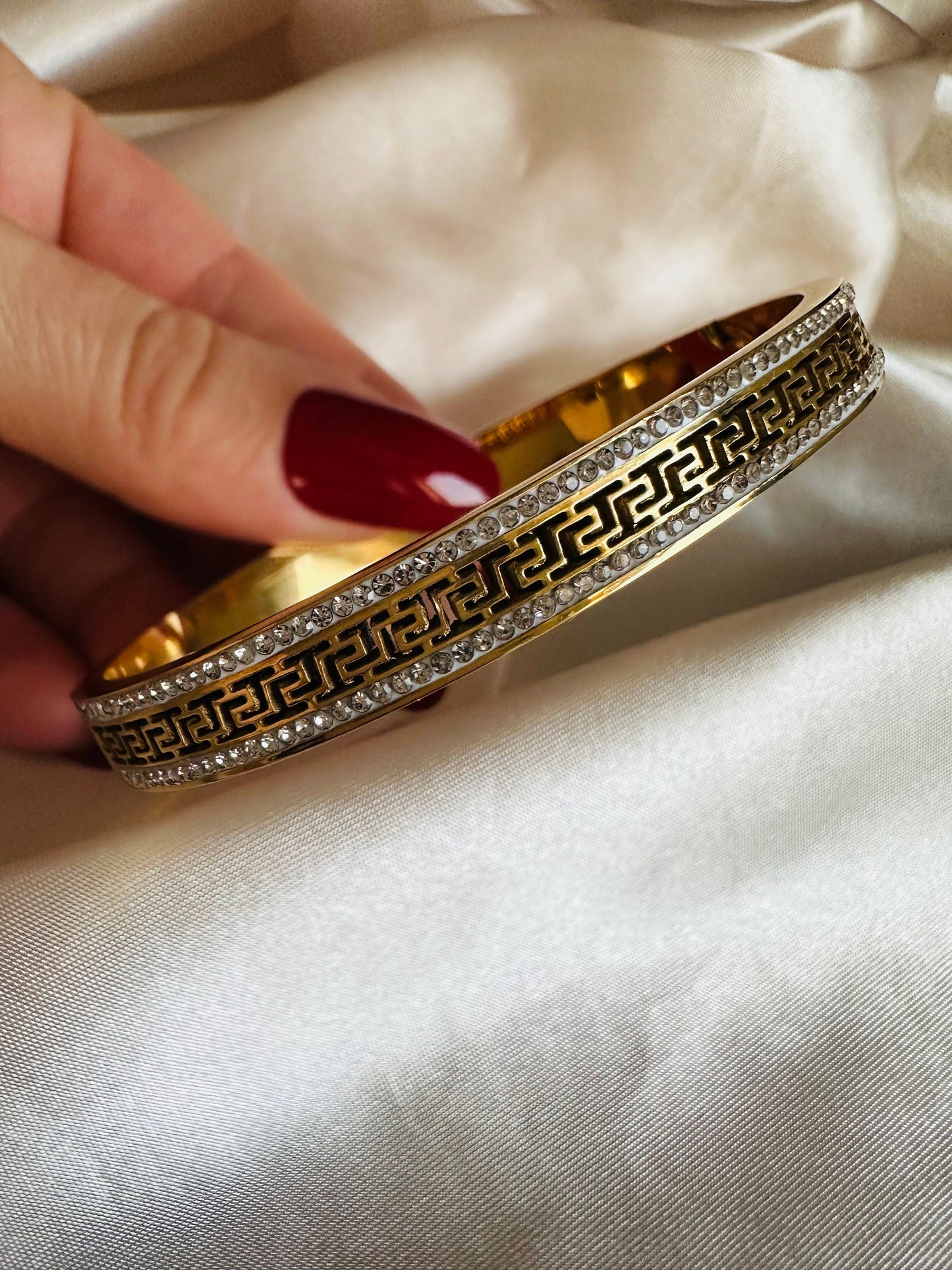 Gold Bangle: Greek Key Stainless Steel Bracelet