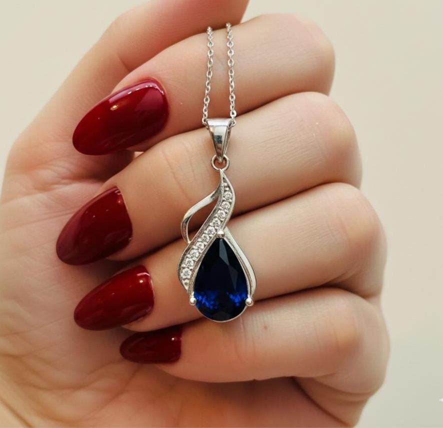 Royal Blue Sapphire Teardrop Pendant – Sterling Silver September Birthstone