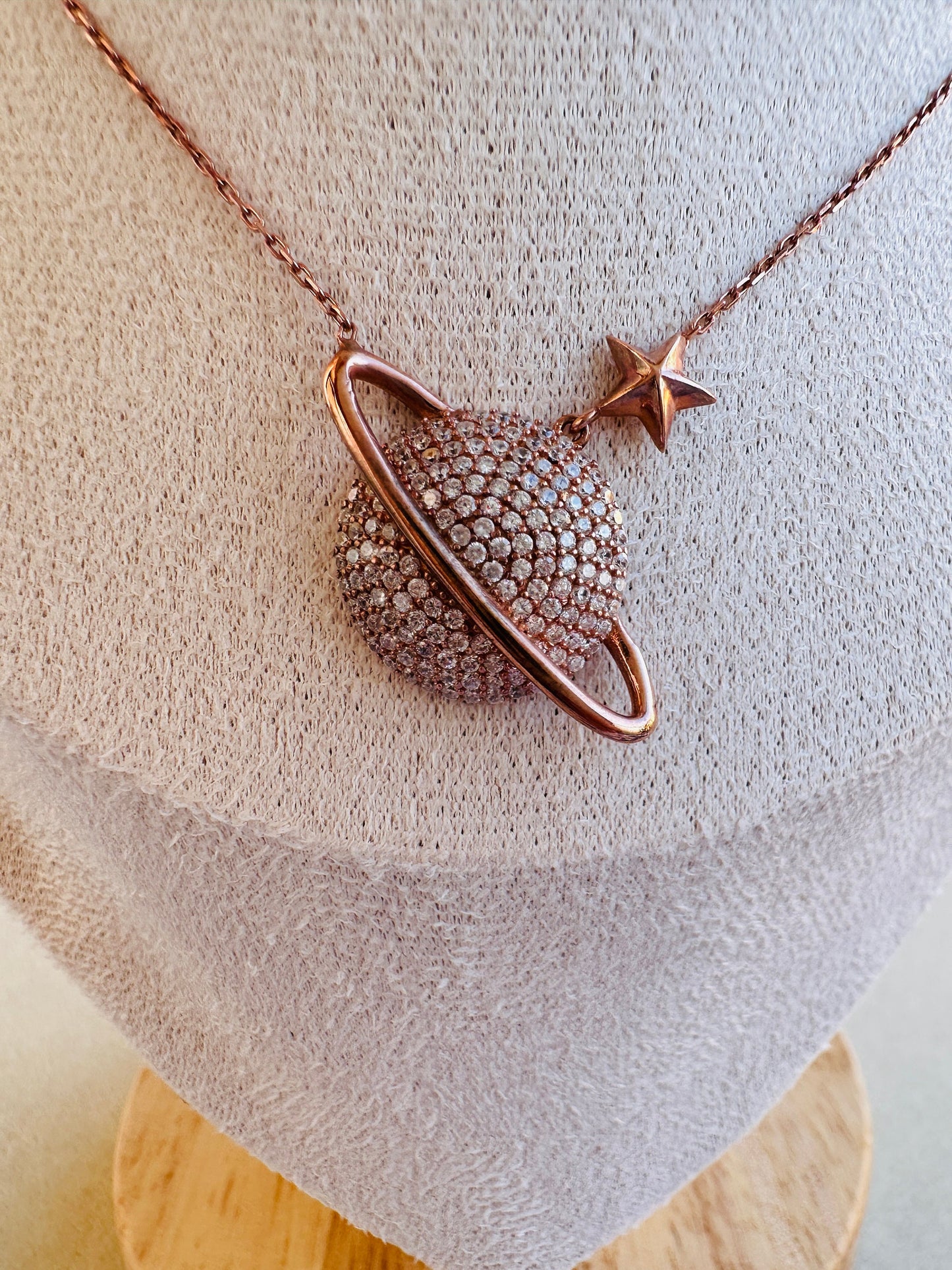 Sterling Silver Planet Pendant, Saturn Necklace in Rose Gold, Celestial Charm, Space Necklace,Exclusive Gift for Her