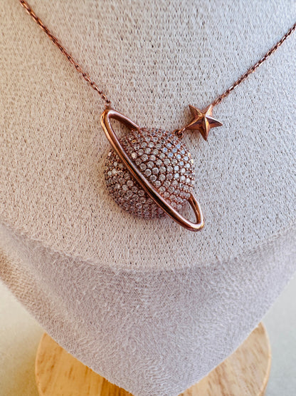 Sterling Silver Planet Pendant, Saturn Necklace in Rose Gold, Celestial Charm, Space Necklace,Exclusive Gift for Her