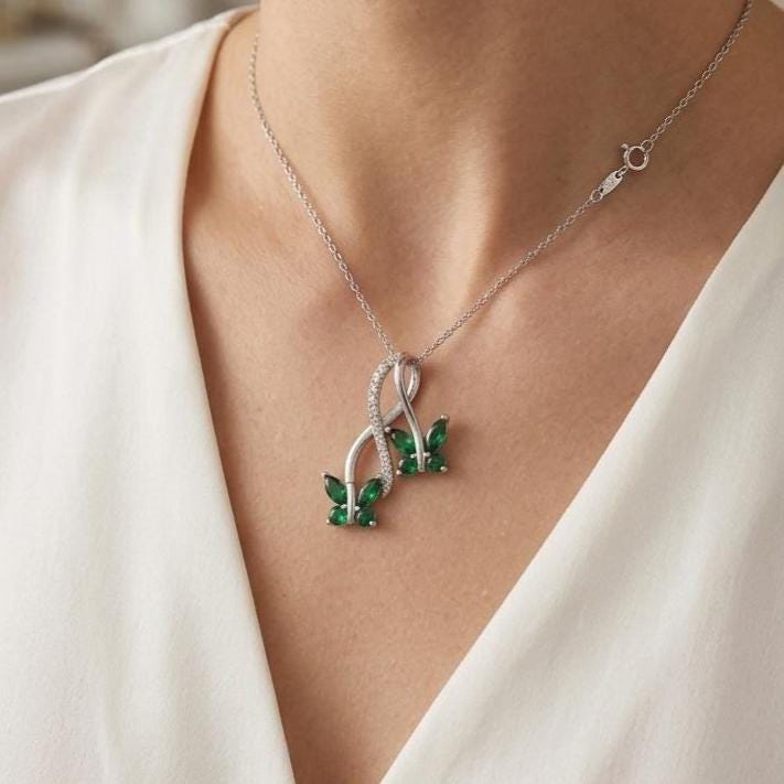 Emerald Butterfly Pendant Necklace - Eco-Friendly Sterling Silver Jewelry