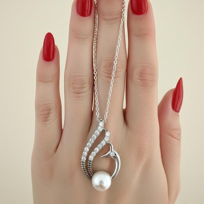 Swan Pearl Silver Necklace - June Birthstone Pendant Gift for Her