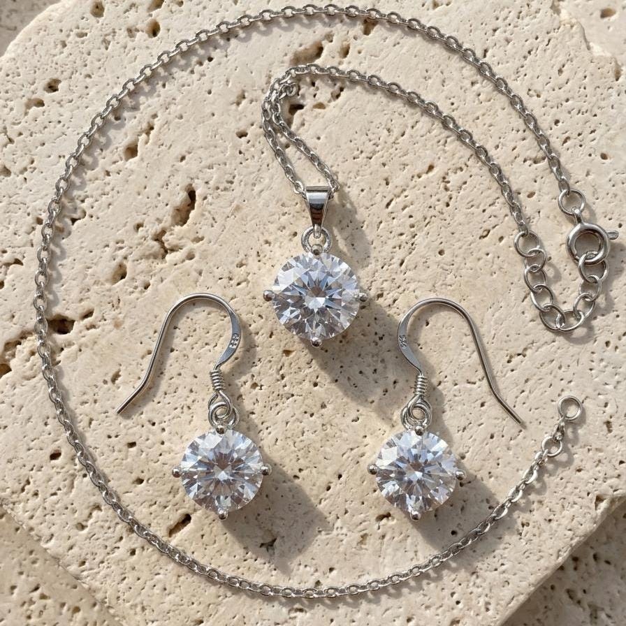 Cubic Zirconia Solitaire Necklace with Matching Sterling Silver Earrings Set