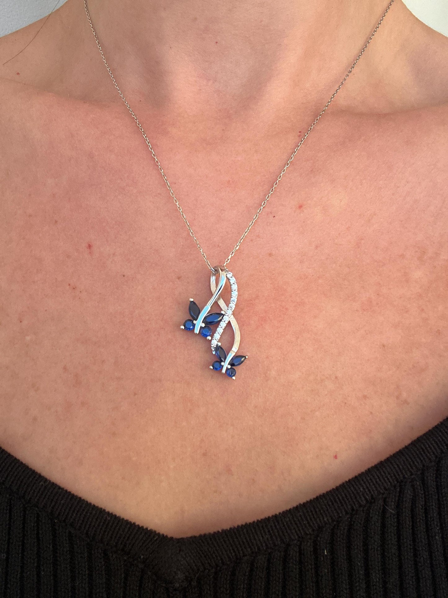 Sapphire Butterfly Necklace - September Birthstone Pendant-Infinity Love Sterling Silver Jewelry