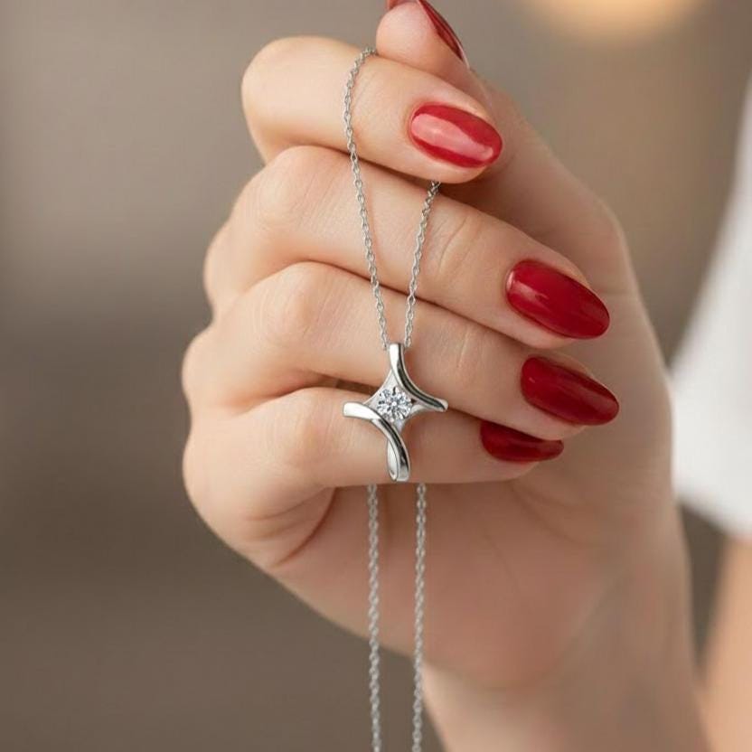 Minimalist Sterling Silver Cross Necklace with Zircon Solitaire Stone