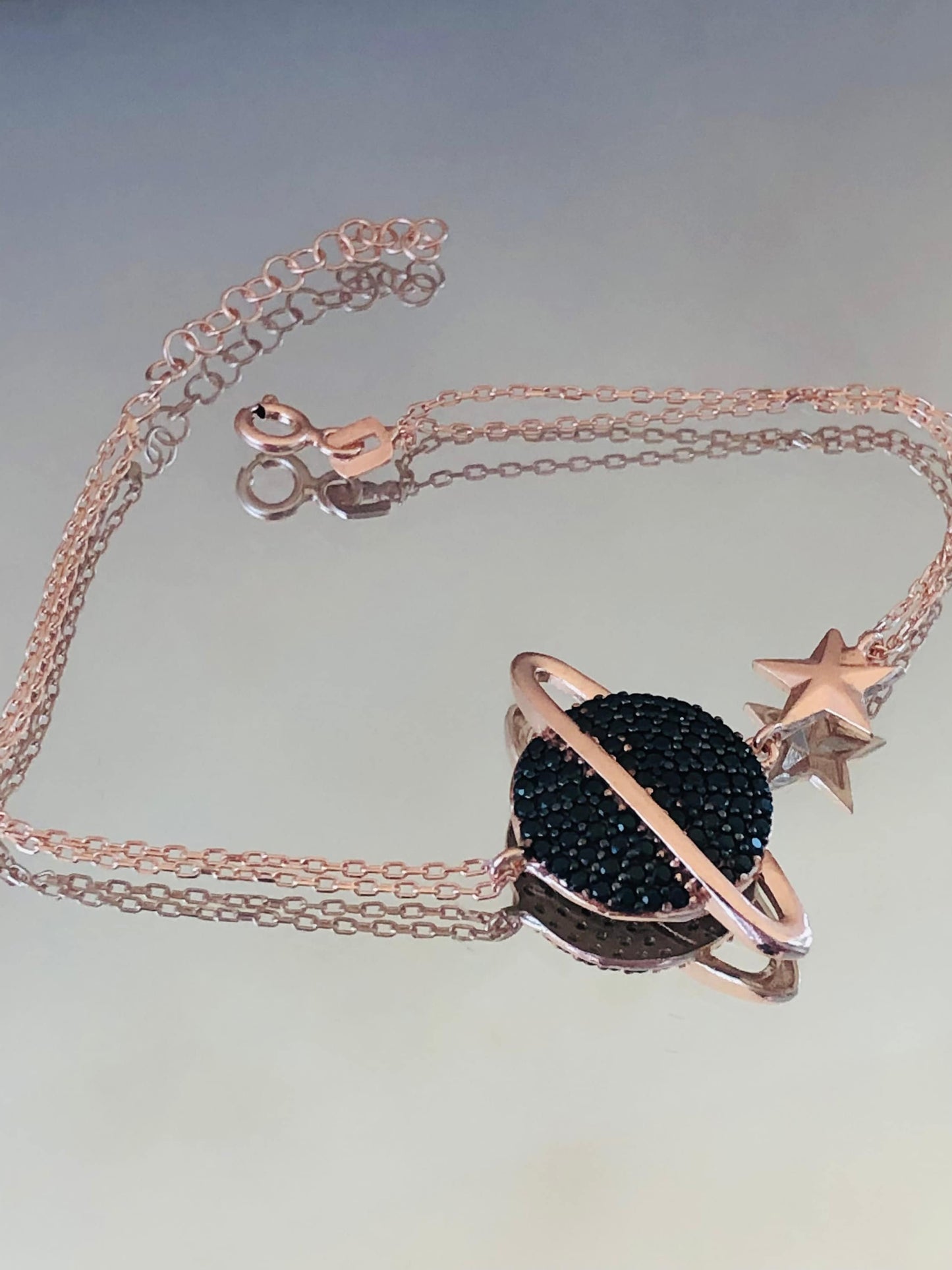 Sterling Silver Saturn Bracelet featuring Black Zircon Planet - Celestial Chic-Exclusive Gift for Her