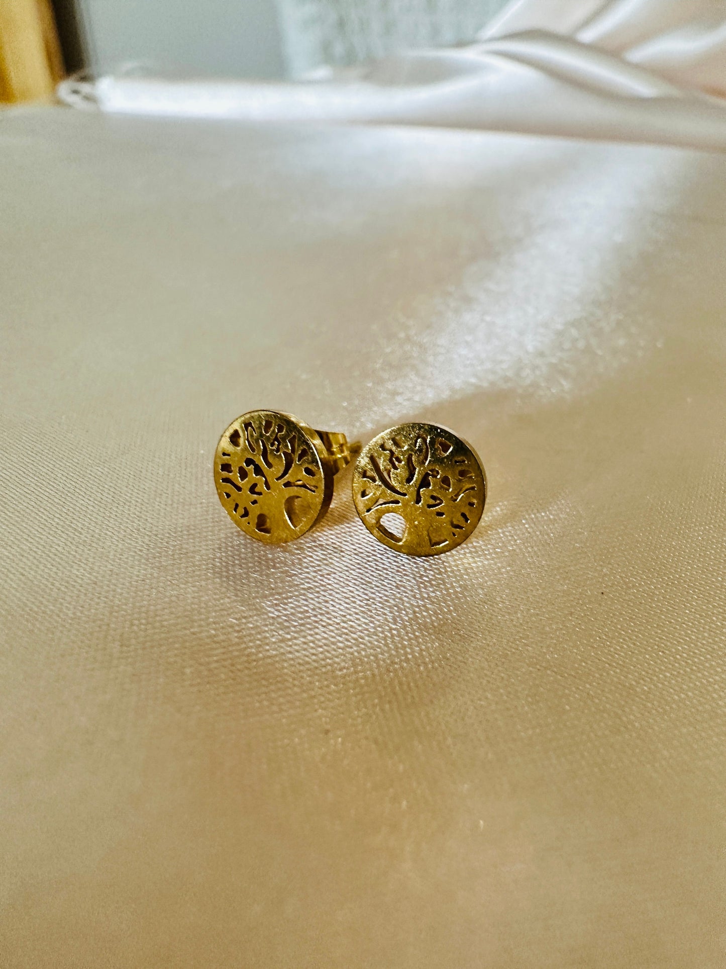 Gold Life Tree Dangle Earrings: Hypoallergenic Steel