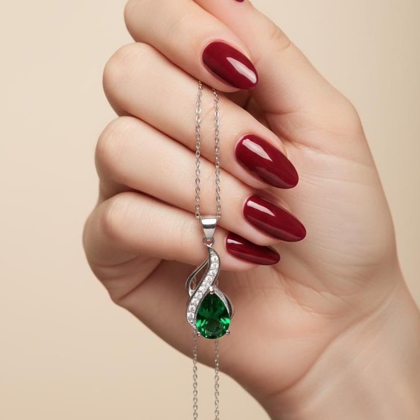 Emerald Teardrop Necklace – Sterling Silver May Birthstone Pendant -