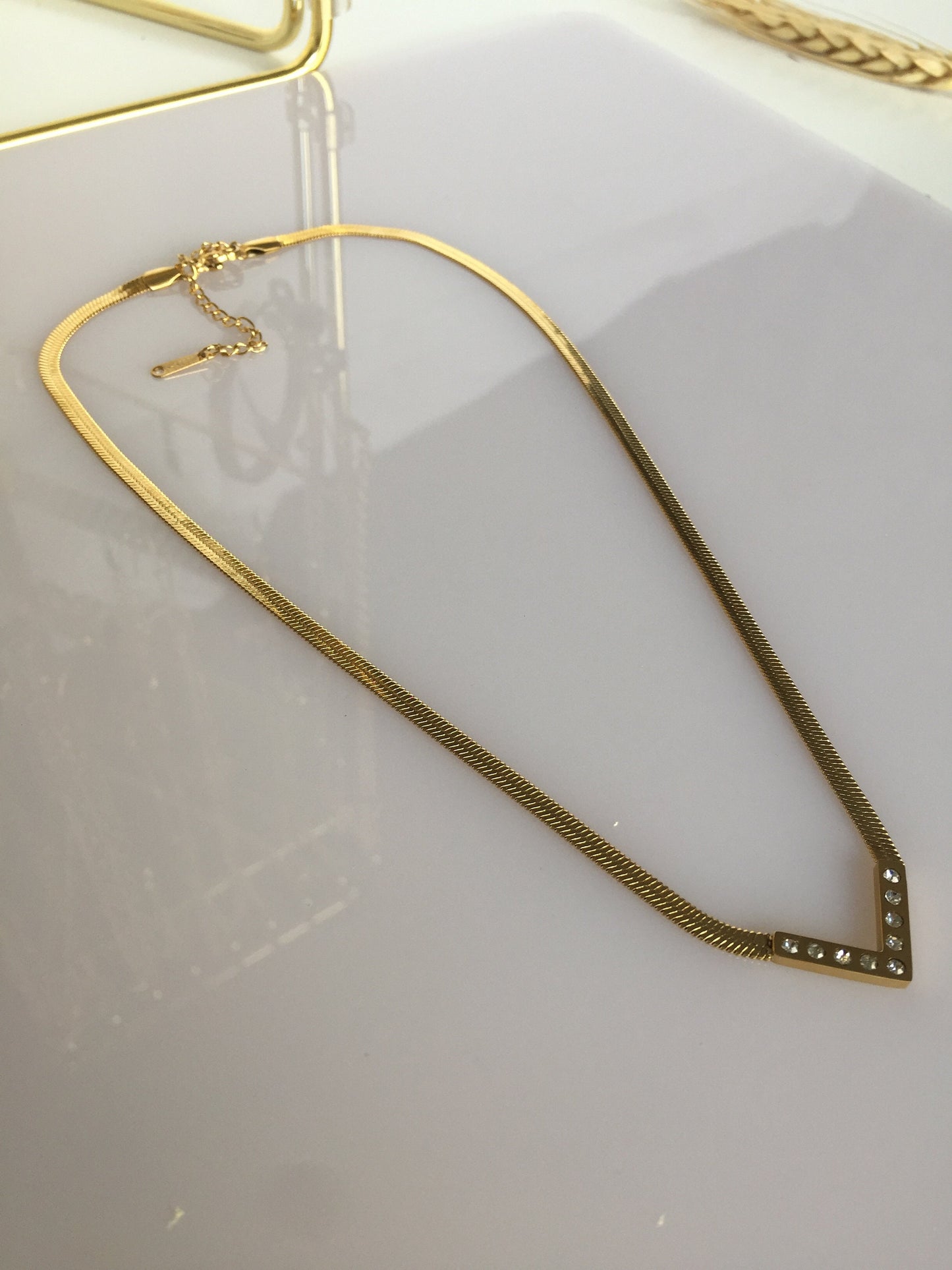 Herringbone Gold Necklace,Dainty V Pendant, Snake Chain