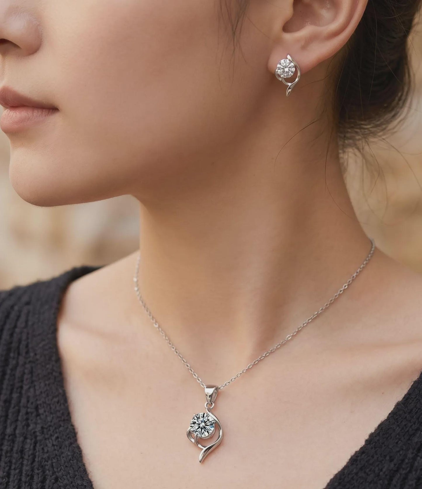 Dainty Floral Necklace Set in Sterling Silver - April Birthstone -Gift For Her