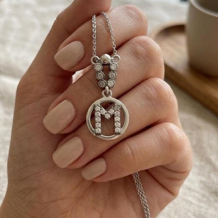 Sterling Silver Letter M Necklace - Personalized Zircon Initial Jewelry