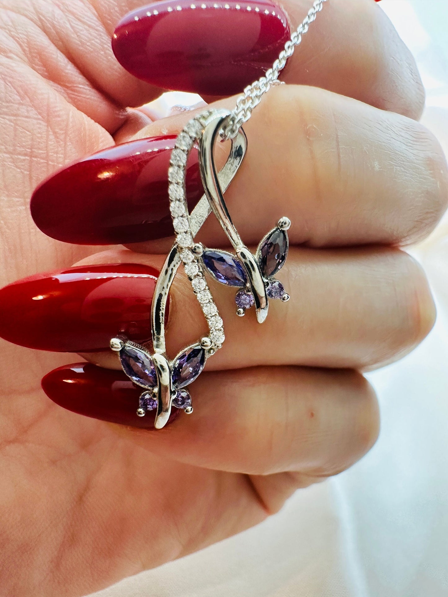 Infinity Amethyst Necklace with Butterfly Charm - February Birthstone Pendant -
