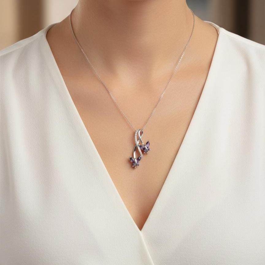 Infinity Amethyst Necklace with Butterfly Charm - February Birthstone Pendant -