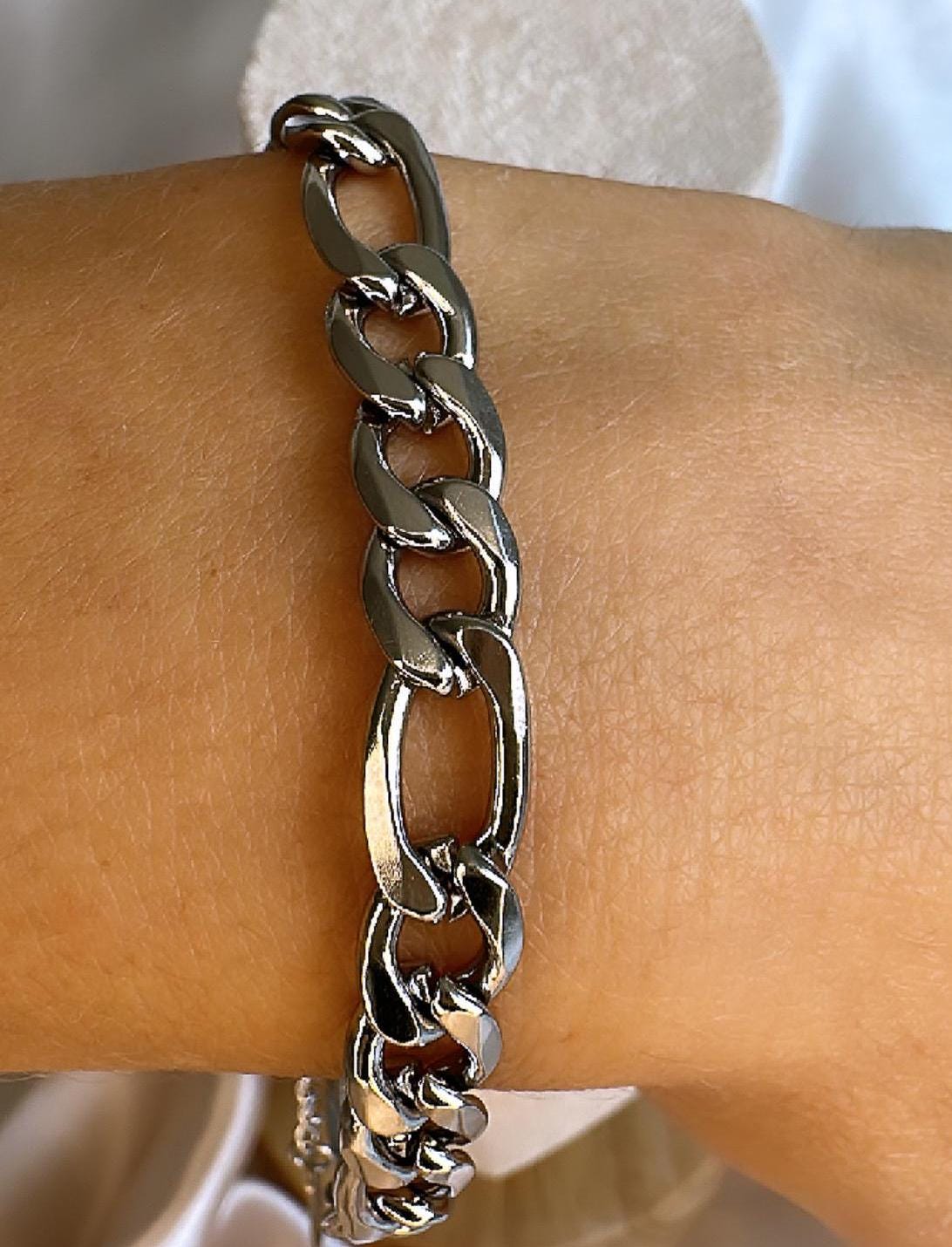 Figaro Silver Chain Bracelet: Stainless Steel, Anti-Tarnish