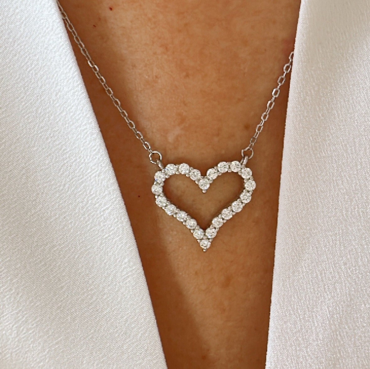 Dainty Sterling Silver Heart Necklace with Sparkling Zircon