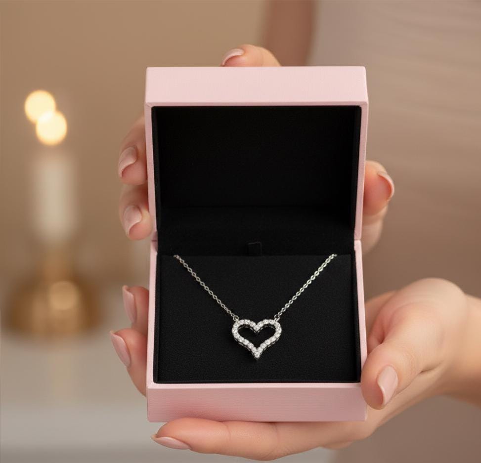 Dainty Sterling Silver Heart Necklace with Sparkling Zircon