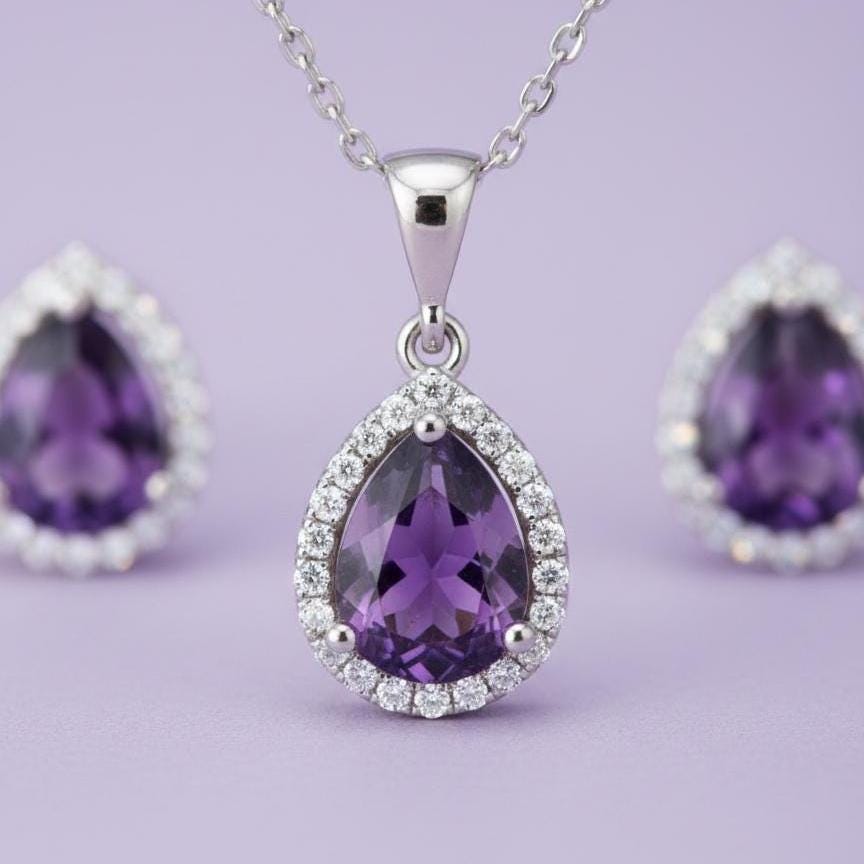 Elegant Amethyst Teardrop Necklace & Earrings Set - February Birthstone Jewelry